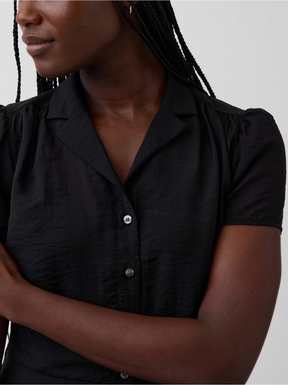 GAP Black Semi Sheer Voile Peplum Button-Front Short Sleeve Top Size S NWT - Picture 3 of 8